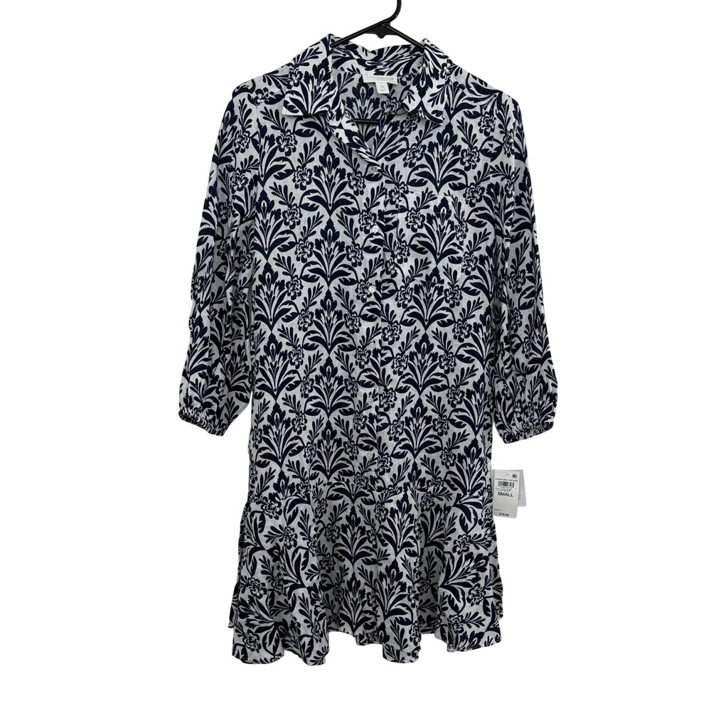 Charter Club Dress Womens Small Blue Floral Damask 100% Linen Tiered Ruffle NWT